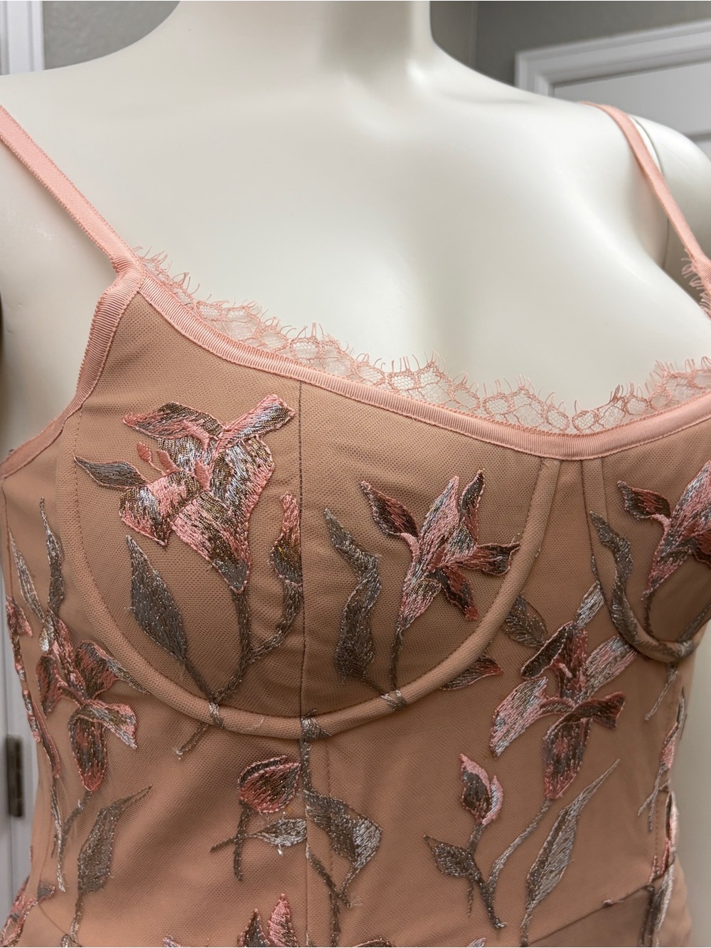 Marchesa Notte Feather-Trim Embroidered Midi Dress in Blush - Size 16 NWT - Picture 2 of 11
